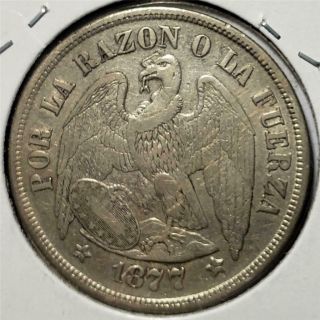 Chile,  Peso,  1877 So,  Very Fine,  Condor, .  7234 Ounce Silver