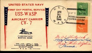 Uss Wasp Cv - 7 Aircraft Carrier 1940 Us Cachet Naval Cover With 2 Stamps F