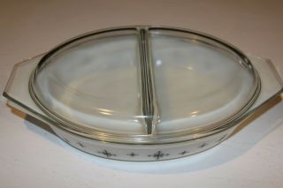 Vintage Pyrex Black Star Atomic Compass Divided Oval Casserole Dish 1.  5 Quart