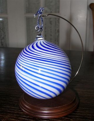 Hand Blown Art Glass Christmas Ornament Ball 4.  5 " Tall Blue White Swirl