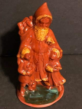 8 3/4 " Ned Foltz Redware Pottery Folk Art Santa St Nick Nicholas Figure Boy Girl