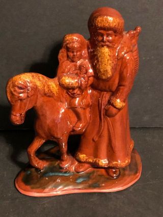 Ned Foltz Redware Pottery Folk Art Santa St Nick Nicholas Girl Horse W Doll
