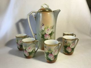 Bavaria Germany Chocolate Coffee Pot W/ 5 Matching Cups - Covered In Pink Roses
