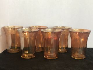 Carnival Glass Tumblers Gold Iridescent Ribbed Set Of 6 Vintage