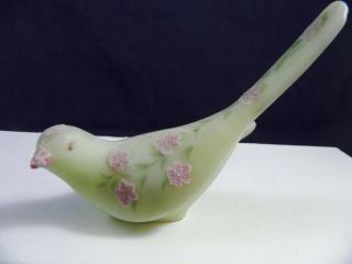 Vintage Fenton Hand - Painted Satin Custard Glass Bird Of Happiness W Pink Flowers