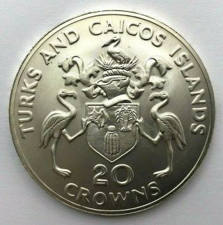1974 Turks & Caicos Islands 20 Crowns Silver Km 2 Uncirculated 1.  1509 Oz Asw