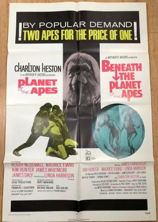 Orig Planet Of The Apes/beneath Planet Of Apes Movie Poster 1971 Double Feature