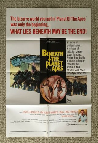 Vtg 1970 Beneath The Planet Of The Apes 20th Century Fox Movie Poster Sci - Fi