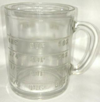 Vintage Hazel Atlas 1 Cup Clear Glass Handled Measuring Cup Embossed Mug