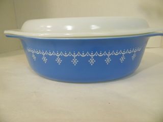 Vintage Pyrex Oval Snowflake Garland Blue Casserole Dish 045 2 1/2 Quart w/ Lid 3