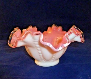 Vintage Fenton Bowl Vase Candy Dish Milk Glass With Pink Hobnail Ribs
