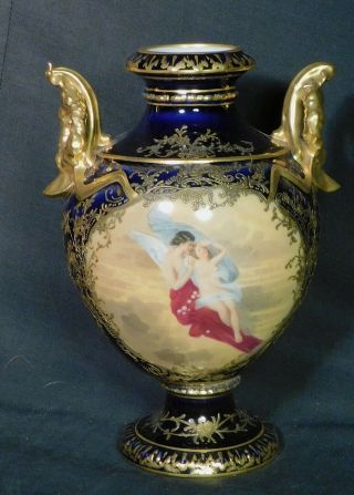 Antique Sevres Style Hand Painted Cobalt Gold Porcelain Vase Zephyr Psyche Nude