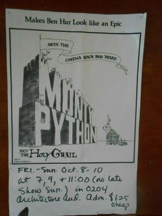 1975 Monty Python & The Holy Grail University Of Maryland 11x17 " Movie Poster Nr