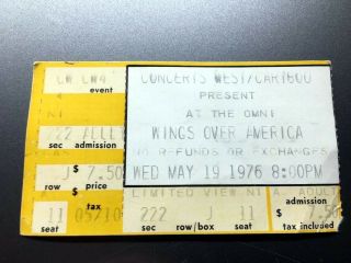 Wings Over America Concert Ticket Stub May 19,  1976 The Omni - Atlanta Georgia