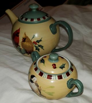 Lenox Winter Greetings Everyday Cardinal Bird Teapot & Sugar Tea Set