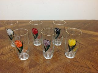 Set Of 6 Vintage Drinking Glasses Holland Tulips Gold Rim 10 Ounce Tumblers