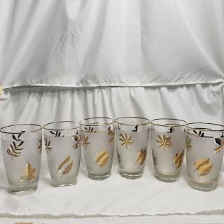 6 - Libbey Large Tumble Glasses Frosted Gold Leaf Leaves Mid - Century Libby 12oz