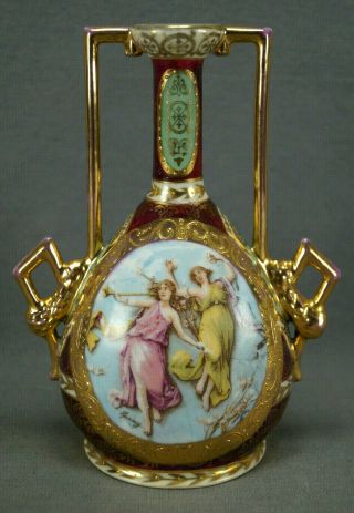 Josef Riedl Royal Vienna Style Classical Ladies Maroon Green Gold Vase 1890 - 1910