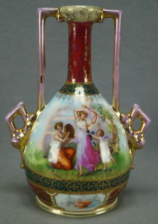 Josef Riedl Royal Vienna Style Classical Scenes Maroon Green & Gold Vase C.  1890