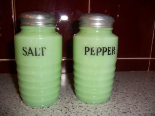Vintage Ribbed Jadeite Glass Salt And Pepper Shaker Jars
