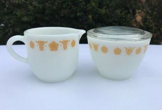 Vintage Set Of Pyrex Cream & Sugar W/lid Corelle Corning - Ware Butterfly Gold
