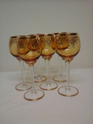 Amber Wine Glasses With Gold Trim Set Of 6 - 7.  50 " Tall With Clear Swirl Stem