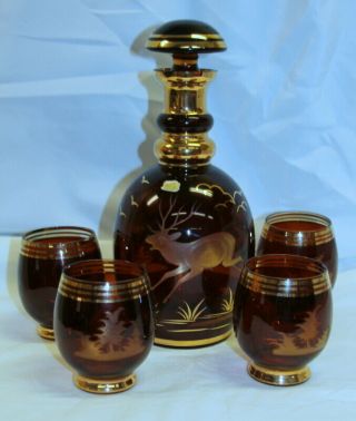 Ln Bohemian Gypsy Czech Amber Glass Decanter 4 Glasses Cut To Clear Deer Etching