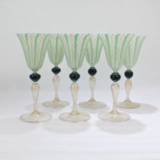 Set Of Six Venetian Glass Green White And Gold Latticino Swirl Goblets - Gl