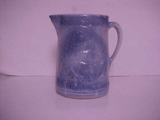 Blue And White Stoneware Salt Glaze Pitcher Stag Deer Design