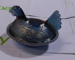Indiana Blue Carnival Glass Hen On Nest Iridescent Nesting Chicken Beaded