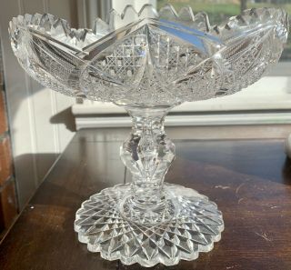 Unsigned American Brilliant Period Abp Crystal Hobstar Compote Pedestal Bowl