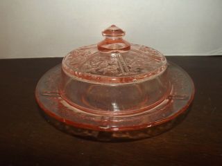 Antique Cabbage Rose Pink Depression Glass Round Butter Dish With Lid