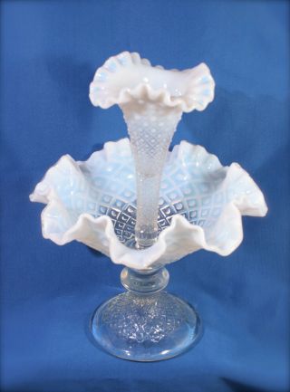 Fenton French Opalescent Art Glass Diamond Lace Single Horn Epergne White