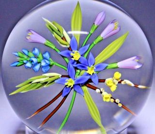 Stunning Chris Buzzini Colorful Flower Bouquet Art Glass Paperweight