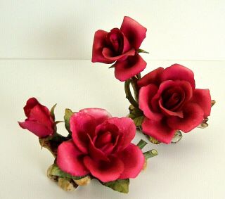 2 Vintage Italian Napoleon Capodimonte Porcelain Red Rose Flower Center Piece