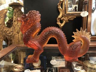 Large 11 " Amber Crystal Glass Lalique Chinese Dragon Sculpture Centerpiece