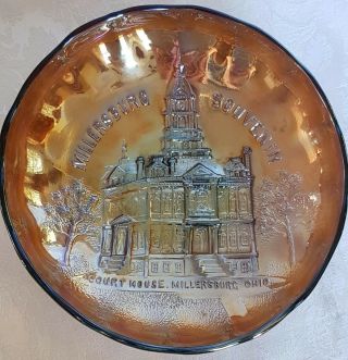 Antique Millersburg Souvenir Courthouse Electric Carnival Glass Bowl Amethyst 7 "
