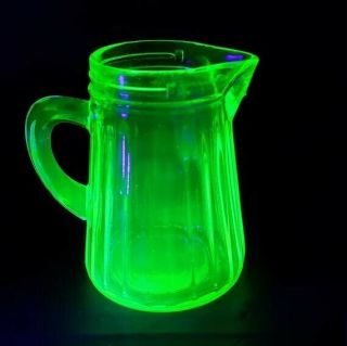Green Depression Vaseline Glass Honey Syrup Pitcher With Tin Spring Lid