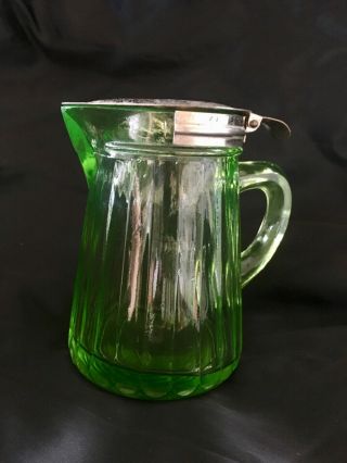 Green Depression Vaseline Glass Honey Syrup Pitcher with Tin Spring Lid 2