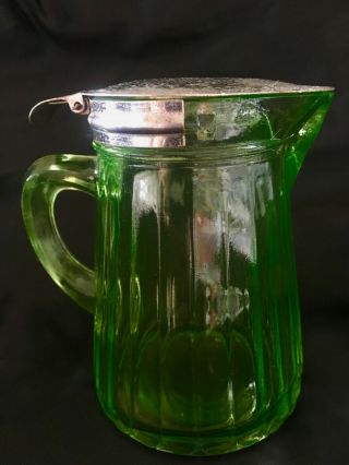 Green Depression Vaseline Glass Honey Syrup Pitcher with Tin Spring Lid 3