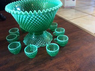 Rare Green Hobnail Punch Bowl And Cups Numbered 389/500 Still Has Tag