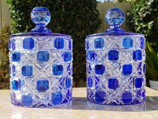 Antique Baccarat /abp Cut 2 Clear Crystal Cane Checkered Glass Cobalt Blue Jars