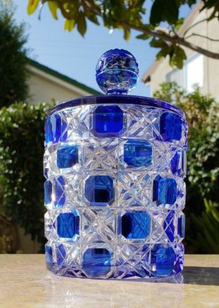 Antique Baccarat /ABP Cut 2 Clear Crystal Cane Checkered Glass Cobalt Blue Jars 2