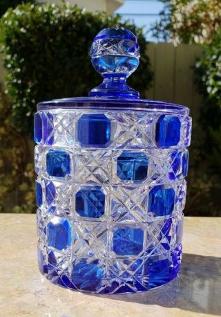 Antique Baccarat /ABP Cut 2 Clear Crystal Cane Checkered Glass Cobalt Blue Jars 3
