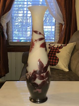 Galle Signed Cameo Art Glass Nature Decorated Vase 11.  5 Inches Tall