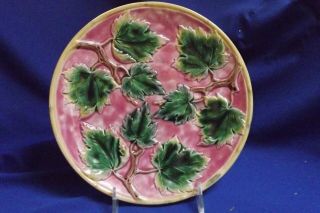 Antique Majolica Etruscan Maple Leaf Plate Deep Pink Signed 9 " C.  1880