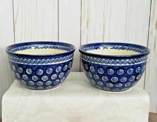 Boleslawiec Polish Pottery Stoneware Cobalt Blue White Swirl Soup/cereal Bowls 2