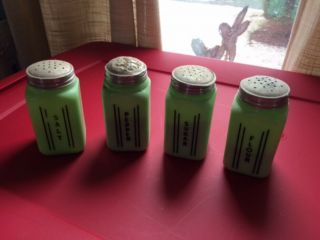 Vintage Jadite Jadeite Mckee Art Deco Salt Pepper Sugar Flour Shakers Jars