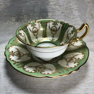 Vintage Royal Doulton Fancy Raised Encrusted Gold Green Tea Cup & Saucer