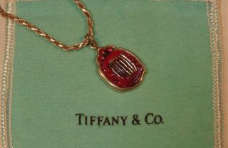 Rare Antique Red Signed Tiffany Favrile Art Glass Scarab Sterling Silver Pendant